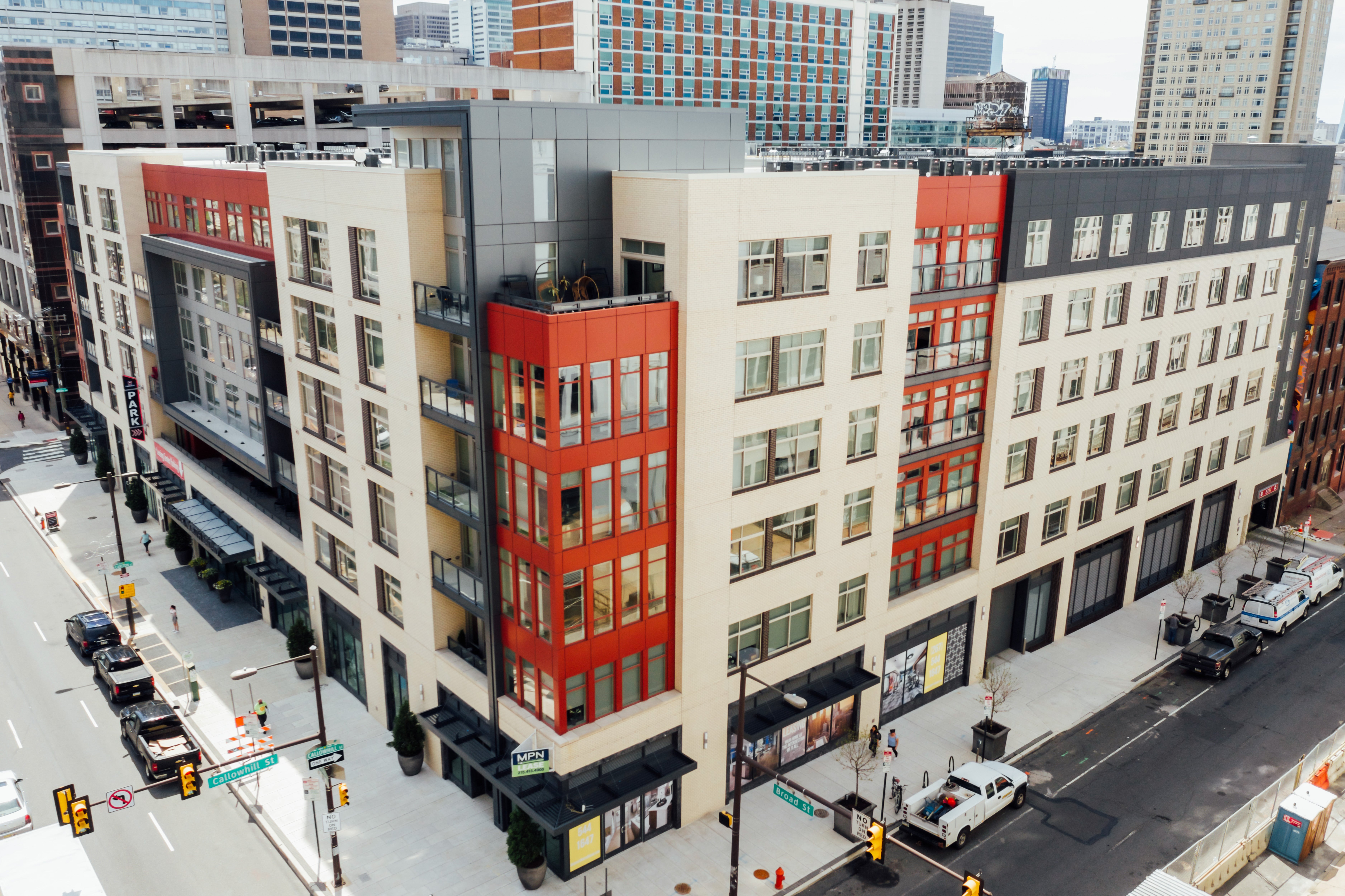 aerial view of the corner of multicolored building